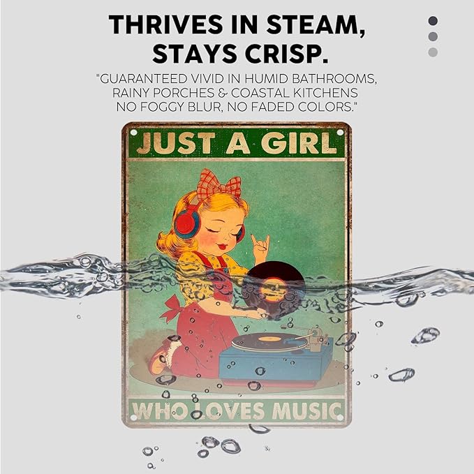 Vintage Music Tin Sign Just A Girl Who Loves Music Retro Girl Metal Poster Nostalgic Wall Decor Wall Art For Home Cafe Bar Living Room Bedroom Pub Club 16 * 12In