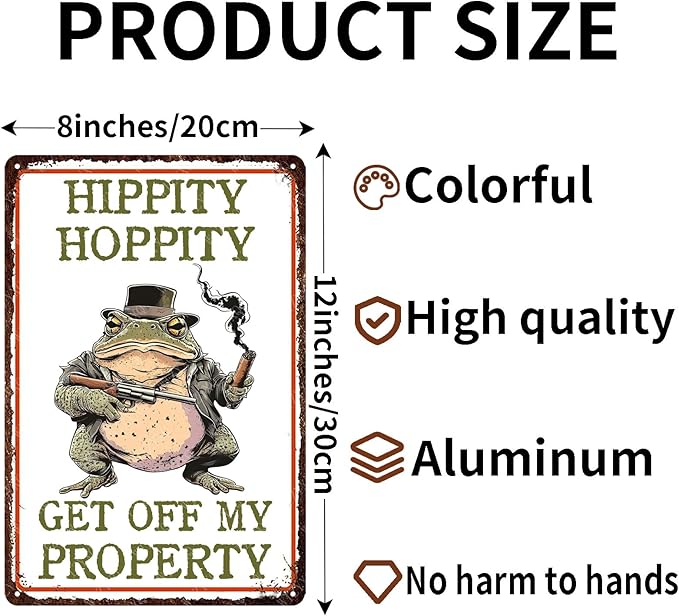 Tin Sign Frog Hippity Hoppity Get Off My Property Metal Sign Wall Decor for Bedroom Bar Cafe Kitchen Outdoor Yard 12×8 Inch