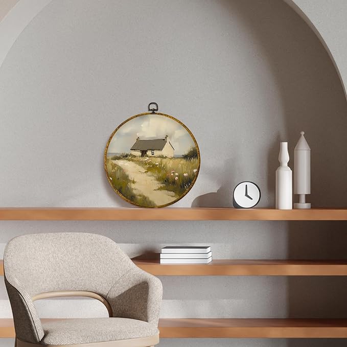 CUANFDDSF Rustic Farmhouse Round Wall Art, Vintage Countryside Framed Hanging Wall Decor, Cottagecore Country Landscape Canvas Prints Decorations for Home Bedroom Living Room, 10x10 Inch
