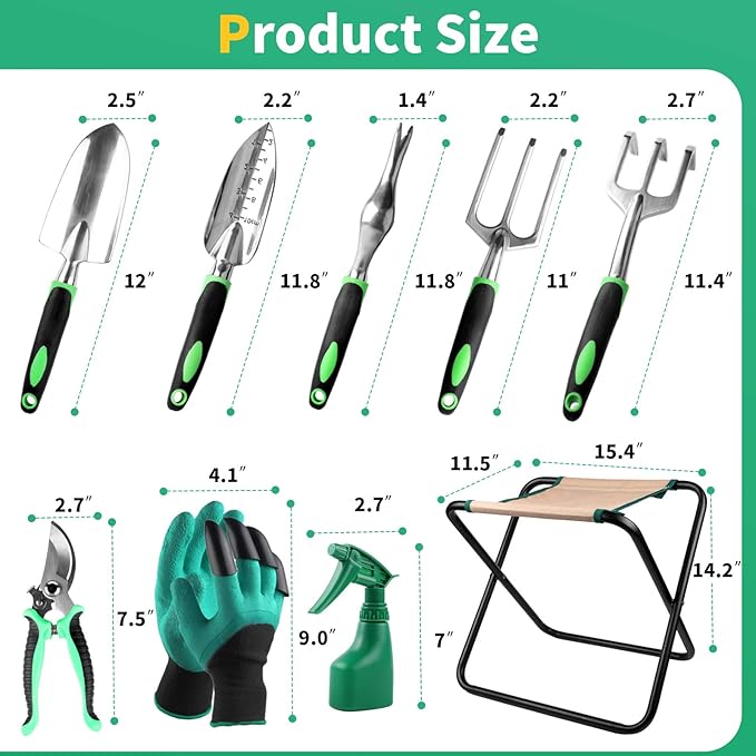 Kitness 9 PCS All-in-One Garden Tools Set, Heavy-Duty Cast-Aluminum Gardening Kit with Folding Stool Seat and Detachable Canvas Tool Bag, Durable Hand Tools Gift Set for Gardening Lovers