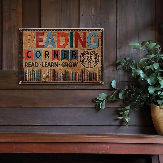 Vintage Metal Reading Corner Sign Learn Grow Book Lover Wall Art 12 x 8 Inch Educational Decor For Home Library Classroom And Kids Space Metal Kitchen