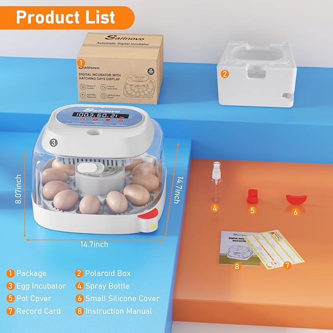 Sailnovo 12 Egg Incubators for Hatching Eggs, Egg Incubator with Automatic Egg Turning, Temperature Control, Humidity Display and Egg Candler for Chicken, Duck, Quail, Fit School, Home, Farm(Blue)