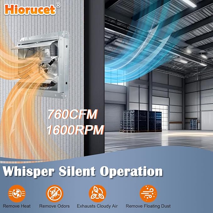 Hiorucet 7 Inch Wall Mounted Shutter Exhaust Fan with Thermostat and Speed Controller for Garage, Greenhouse, Shop, Attics, Chicken Coop, Shed, Basement, 760CFM 1600RPM Low Noise Louvered Exhaust Fan.
