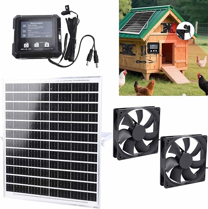 Chicken Coop Solar Fan, Durable Chicken Coop Ventilation Fan with Timer Function, Smart Sensing System, Strong Exhaust Fan with Solar Panel for Chicken Coops Greenhouses