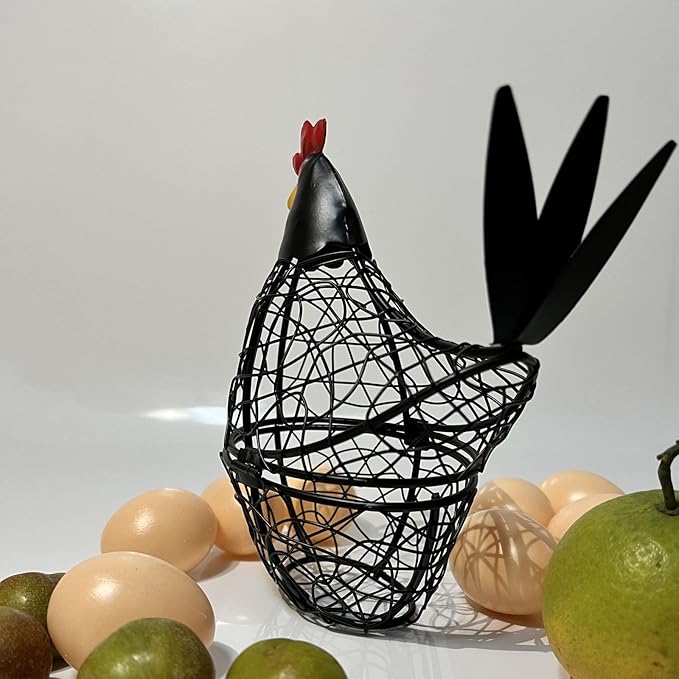 Chicken Wire Egg Basket Egg Holder Farmhouse Rustic Vintage Rooster Decor Chicken Shaped Egg Basket Fruit Storage Wire Basket For Collecting And Countertop Storing Egg (Black)