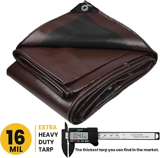 PROTARP Extra Heavy Duty 16 Mil Tarp Cover, Waterproof, UV Resistant, Rip and Tear Proof, Poly Tarpaulin with Reinforced Edges for Roof, Camping, Patio, Pool, Boat. (Brown/Black 20′ X 35′)