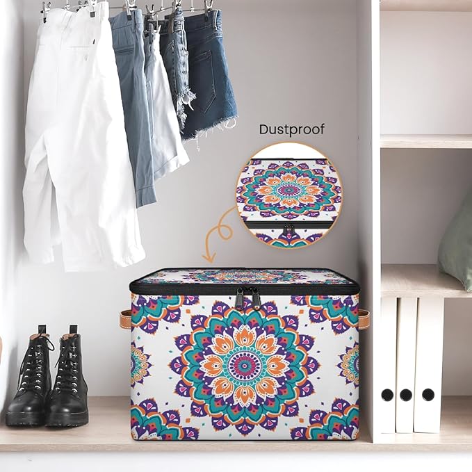 Floral Boho Storage Bins with Zipper Lid Fabric Storage Containers for Clothes Collapsible Closet Storage Basket with Metal Frame 2 Pack
