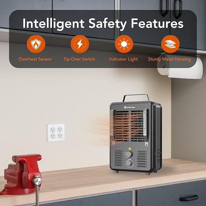 Comfort Zone Electric Portable Milkhouse Style Utility Space Heater with Adjustable Thermostat, Overheat Protection, and Safety Tip-Over Switch, Ideal for Garage or Greenhouse, 1,500W, CZ798