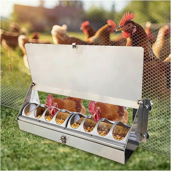 Stainless Steel Automatic Chicken Feeder, with Lockable Lid No Spill Poultry Feeder, No Waste Automatic Feeder Trough for Fowl Pheasant Outdoor