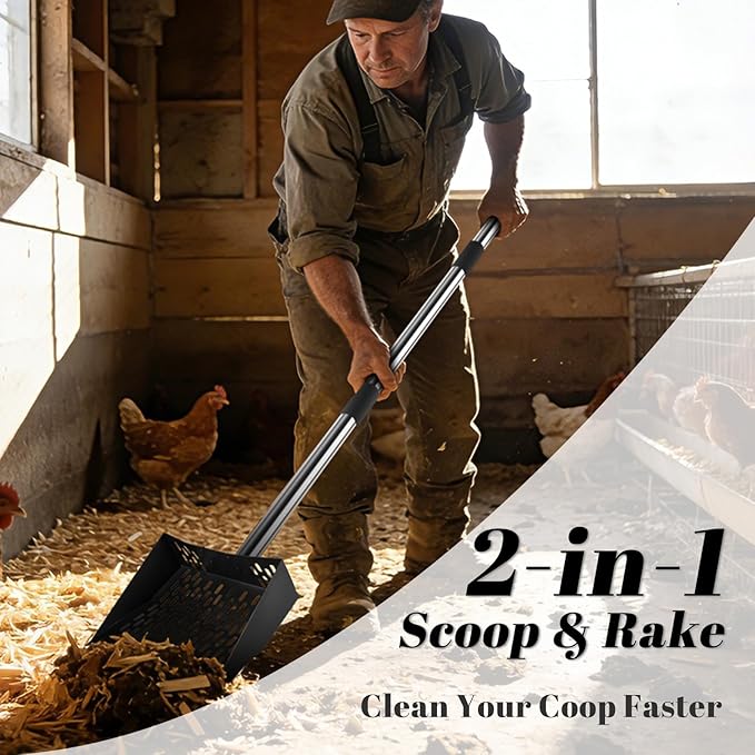 Large Metal Chicken Poop Scooper – Heavy Duty Coop Scoop with Serrated Edge, Adjustable Stainless Steel Handle 35'' to 66'', Rake & Sifting Shovel for Chicken Coops