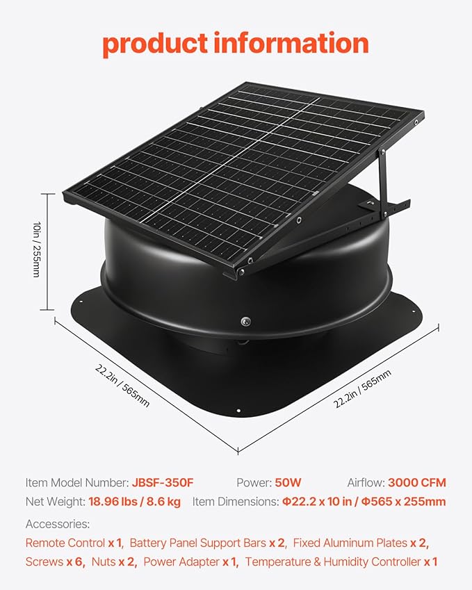 VEVOR 50W Solar Attic Fan, 3000 CFM with Smart Control, Built-in Smoke & Temperature Sensors, Weatherproof & Low-Noise for Roof Ventilation