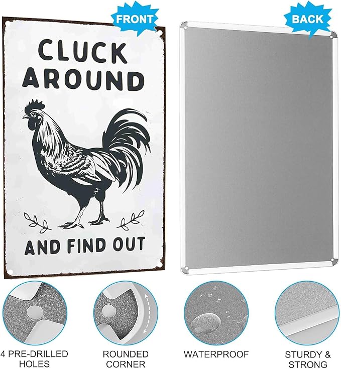 Funny Chicken Looking Around Vintage Metal Tin Sign with "CLUCK AROUND AND FIND OUT" Quote for Home Farmhouse Kitchen Garden Decorative Sign - 8x12 Inch
