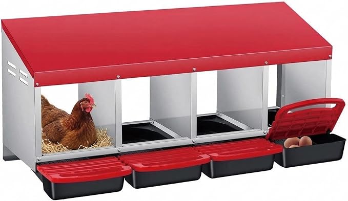 Chicken Nesting Boxes with Rollout Egg Collection – 4-Compartment Metal Hen Nest Box with Removable Trays, Slanted Roof & Ventilation, Wall Mount or Standing for Backyard Poultry Coop, Red