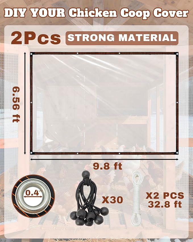 2 Pcs Chicken Coop Cover Antifreeze Waterproof for Winter - with Ball Bungees Cords, Shade Cloth for Large Chicken Coops, Walk-in Chicken Run Pen, Chicken Coop Tarp