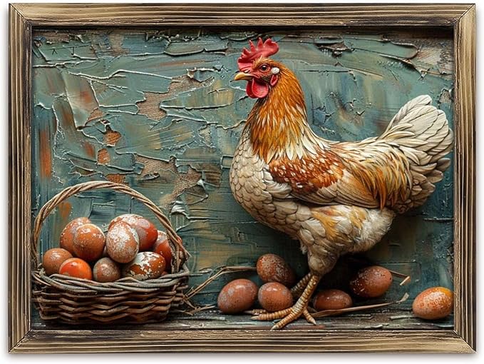 Rustic Long Wooden Framed Art Rustic Hen Eggs Basket Texture Farmhouse Style Wall Decor Sign for Tabletop Or Hanging - Durable Handcrafted Wood Print - Home & Office Decoration