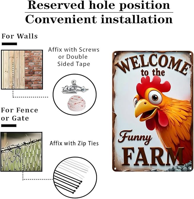 FunnySign Chicken Gifts Rooster Décor Welcome To The Funny Farm Rustic Tin Sign For Home Farm Chicken Coop Decor 8x12 Inch (9706)