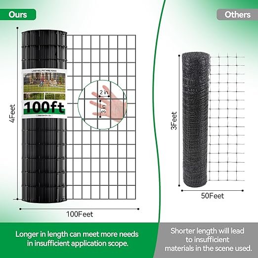 Welded Wire Fence, 100ft(L) x 48inch(H) PVC Anti-Rust Coated Wire Mesh, 2 Inch x 3 Inch 16GA Garden Edging Border, Roll Metal Animal Barrier for Yard Vegetable Plant Protection Poultry Netting