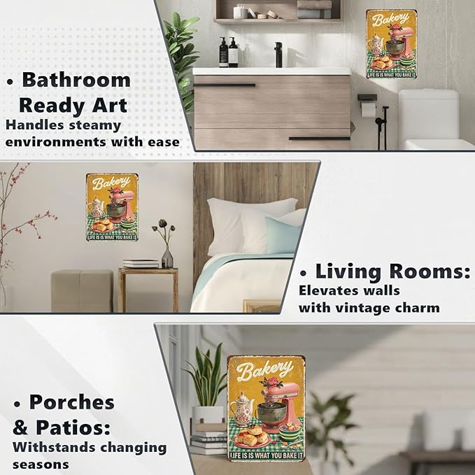 Retro Baking Metal Plaque Life Is What You Bake It Sign Farmhouse Wall Decor Aluminum Tin Sign Bread Pastry Art Kitchen Diner 12X16Inch
