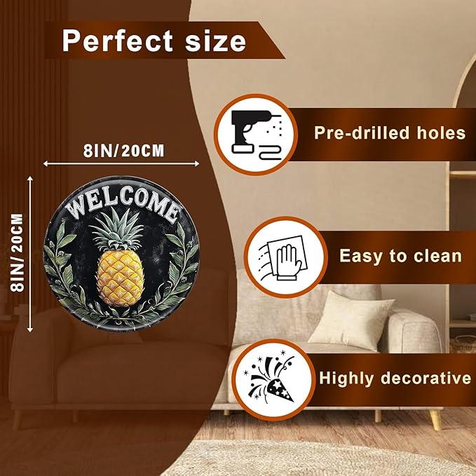 Welcome Pineapple Round Metal Tin Sign Wreath Vintage Farmhouse Wall Decor for Home Living Room Kitchen Dining Bedroom 8x8inch