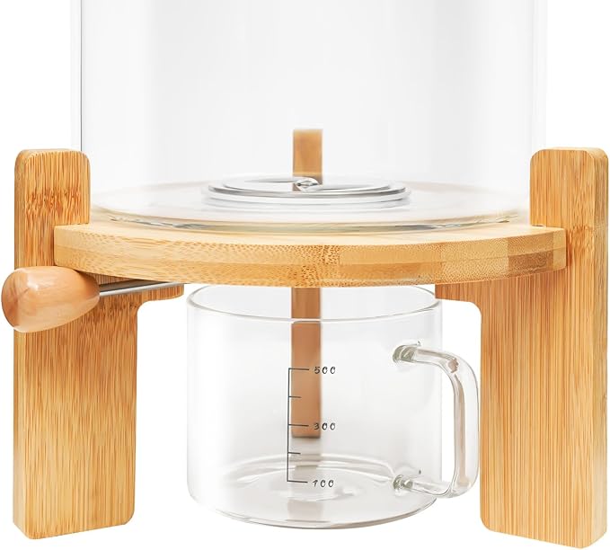 5L Glass Rice Dispenser with Bamboo Stand, 8-10 Lbs Cereal Container with Glass Measuring Cup,Large Airtight Food Organization Storage Bin for Grain, Coffee Bean, Dry Food