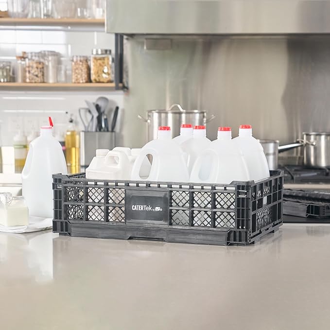 Restaurantware Plastic Milk Crates for Storage - Cater Tek Stackable Storage Buns for Organizing - Collapsible Storage Basket for Groceries, Black
