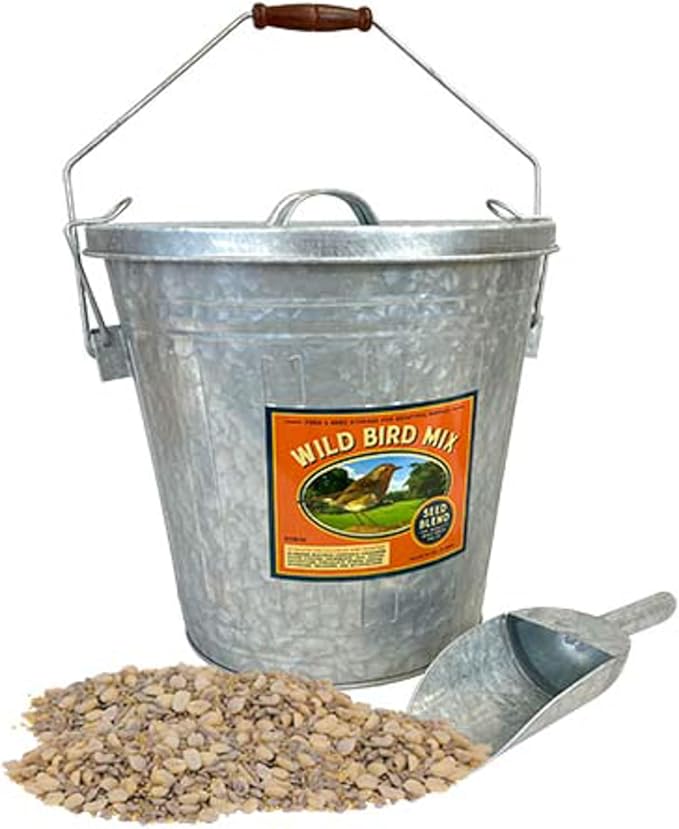 Woodlink Rustic Farmhouse Seed Container & 10 lbs. Waste Free Seed | Galvanized Metal Bird Seed Storage Bucket with Scoop & Lid | Waste-Free Wild Bird Seed Blend for Clean Feeding, 16.5 Qt Capacity
