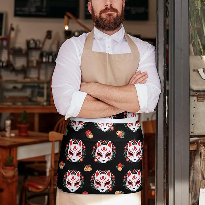 Unisex Apron for Cooking Server Waitress Half Waist Apron with 3 Pockets