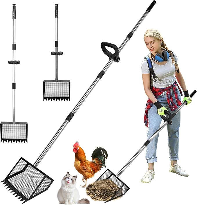 Chicken Poop Scooper and Rake with Ergonomic Handle, 2 in 1 Large Metal Chicken Coop Scoop for Poop with Adjustable Stainless Steel Pole, Sand Sifting Shovel for Chicken Coop Accessories
