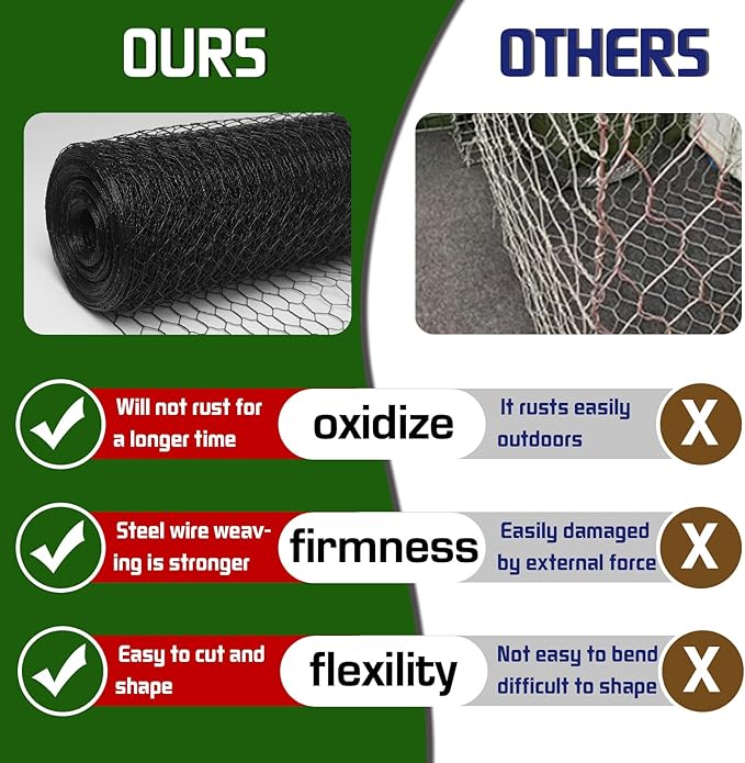 Premium Black Chicken Wire Fencing24inx150ft, PVC Coated Chicken Wire, Poultry Netting, Galvanized Chicken Wire Barrier for Floral Arrangements/Craft Projects/Pet/Rabbit