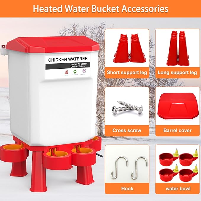 Hanging Heated Chicken Waterer, 3 Gallon Plastic Chicken Water Heater Heated Poultry Drinker, Detachable Legs, Winter and Summer Dual-use, Poultry Water Heater for Chicken Goose Duck - Red