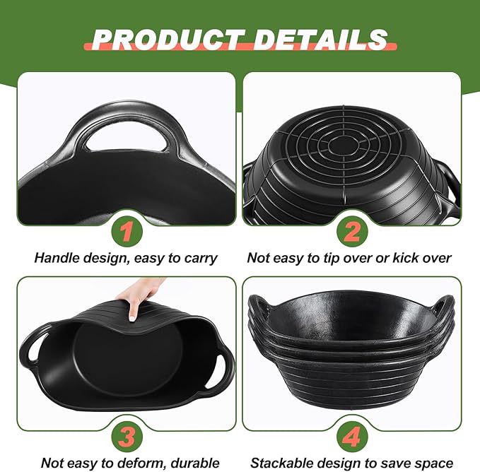 Maxdot 6 Pieces Rubber Feed Pan with Handles 3 Gallon Heavy Duty Livestock Feed Tub for Horses Goats Chickens Ducks Flexible Garden Farm Utility Bucket Harvest Tub for Vegetables Washing Soil Mixing