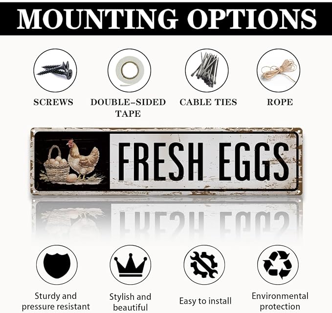 Chicken Decor Sign, Fresh Eggs Sign, Hens Coop Decor for Outdoor, Retro Metal Tin Signs 15.8x4 inches, Chicken Farm Decoration for Wall, Garden Yard Farmhouse Decors