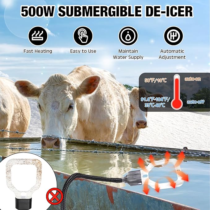 150w/250w/500w Livestock Water Heater De-icer, Submersible Cast Aluminum Utility Heated for Farm Poultry Water Trough, Tank, Bird Bath, Chicken Coop with Thermostat for Winter(White,500w)