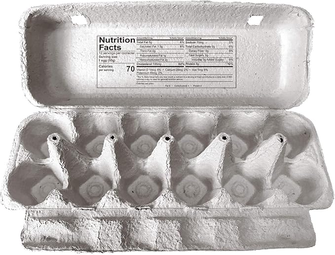 Blank 12-Egg Flat Top Paper Pulp Egg Carton with Nutrition Facts, Safe Handling Info, Optional UPC - 250 Pack