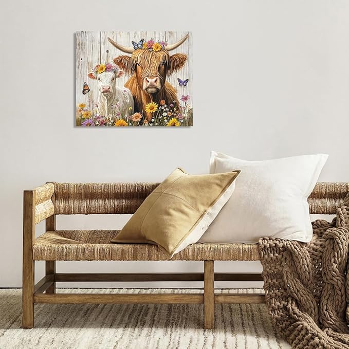 Yidepot Highland Cow Canvas Wall Art: Sunflowers Farmhouse Artwork, Sheap Cow Pictures Bedroom Decor Ready to Hang 12x15inch