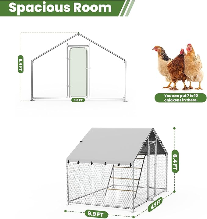 Large Metal Chicken Coop with Roosting Perch, UV-Resistant and Waterproof Cover, Chicken Run Outdoor Walk-in Cage Rabbit Duck Hen House for Yard Farm Use Spire Roof (10’ W x 4.9’ L x 6.4’ H)