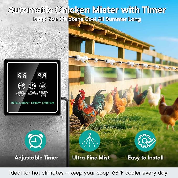 Chicken Mister for Coop with Timer, 32FT Chicken Cooling System with 12 Brass Mister Nozzles, Filter, Cutter, Backyard Chicken Coop Mister, Water Mister for Chickens, Mister System for Outside Patio
