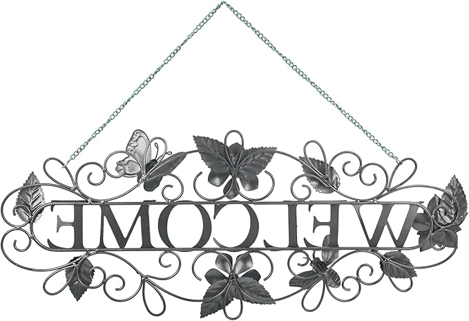 Queltharion Metal Welcome Wall Decor Rustic Farmhouse Distressed Flower and Butterfly Welcome Sign Hanging Decorative for Garden Porch Patio Yard Outdoor 23.5" L Green