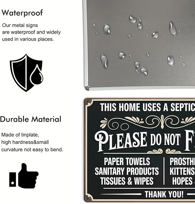 Septic System Warning Tin Sign Vintage Please Do Not Flush Metal Sign Print Aesthetic for Garden Yard Bar Porch Home Bedroom Kitchen Wall Decor Gift 8 X 12 in