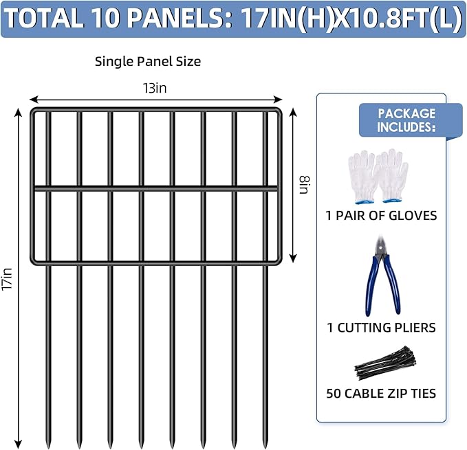 17in(H) x10ft(L) Garden Animal Barrier Fence, No Dig Decorative Fences, 1.5in Spike Spacing Rustproof Metal Garden Fence Border for Dogs Rabbits, Bottom Blocker for Outdoor Yard Patio