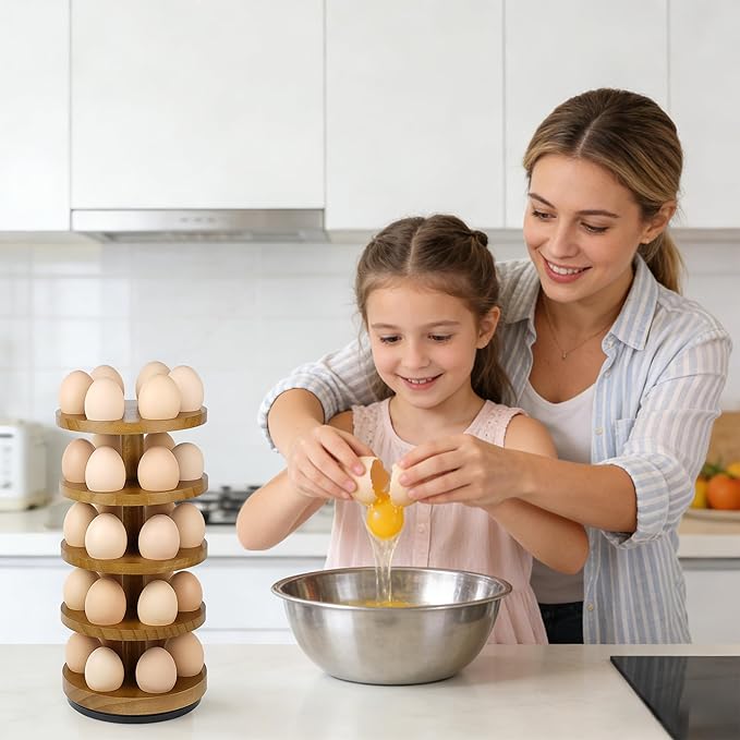 Wooden Fresh Egg Holder Countertop, 5 Layer Rotating Countertop Egg Holder for Fresh Eggs, Stackable with 30 Eggs for Countertop Kitchen-Browm