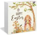 Rustic Easter Bunny Wooden Box Sign Desk Decor, Happy Easter Rabbit with Egg Spring Botanical Wood Signs for Bedroom Home Office Desk Table Shelf Decorations, 5x5 Inch