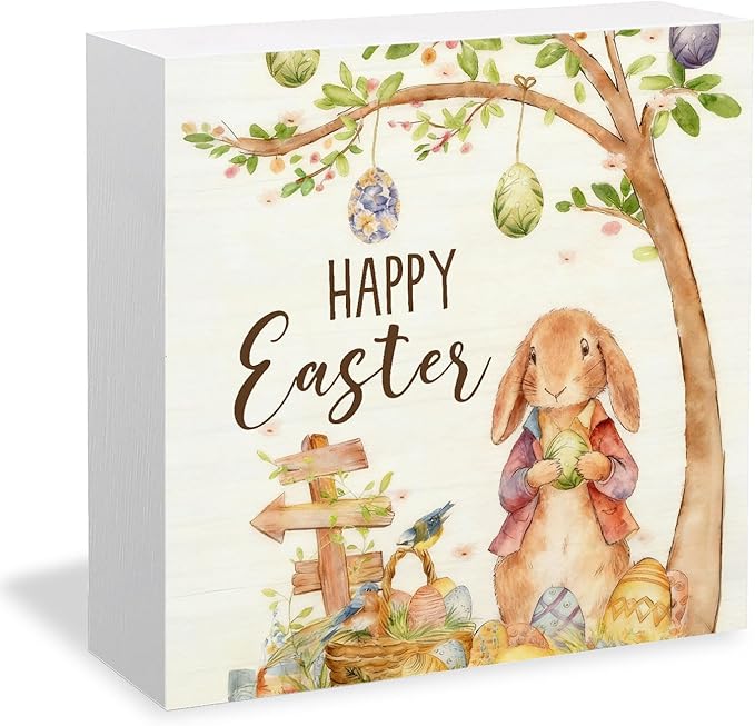 Rustic Easter Bunny Wooden Box Sign Desk Decor, Happy Easter Rabbit with Egg Spring Botanical Wood Signs for Bedroom Home Office Desk Table Shelf Decorations, 5x5 Inch