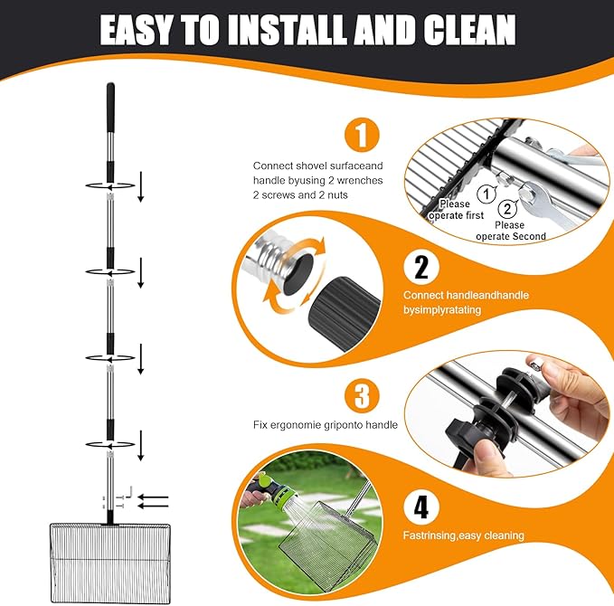 15 inch Large Chicken Poop Scooper with Ergonomic Grip, 6 in 1 Adjustable Chicken Coop Pooper Shovel with (24 to 79"), Heavy Duty Litter Sifting Shovel for Chicken Coop/Goat Stall/ Stable Cleaning
