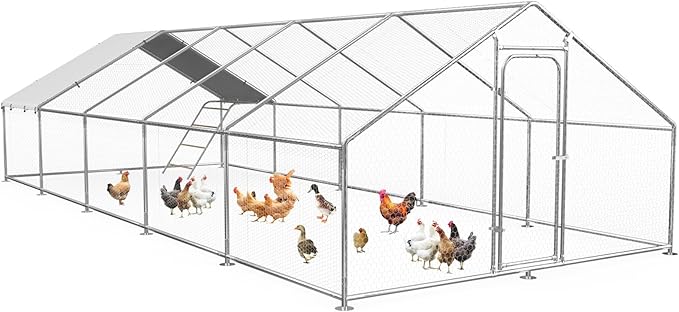 Large Metal Chicken Coop with Roosting Perch, Waterproof and UV Protection Cover, Chicken Run Outdoor Walk-in Cage Chicken Rabbit Duck Hen House, Spire Roof (10'W x 32.8'L x 6.4'H)