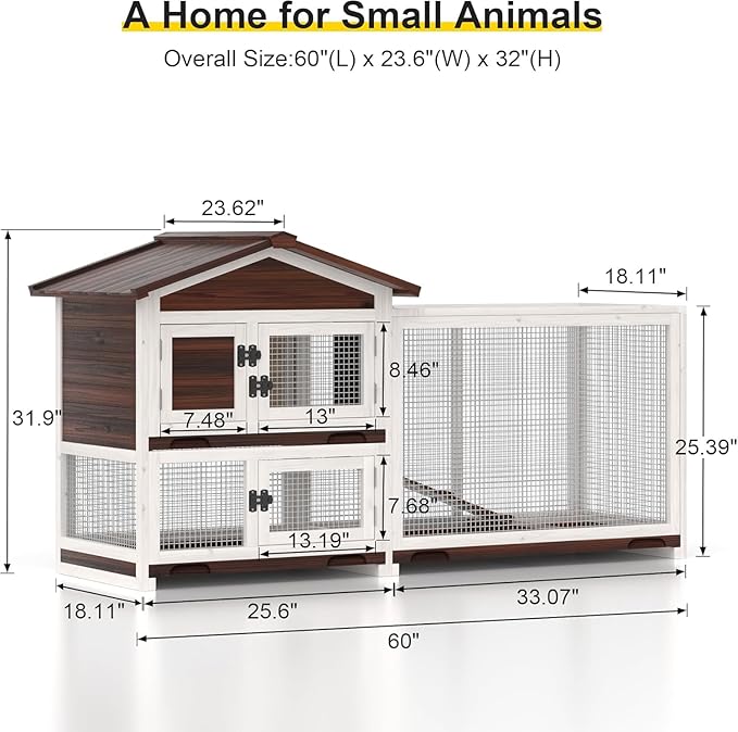 Rabbit Hutch Indoor Bunny Cage Outdoor Rabbit Cage 2 Tier Wooden Guinea Pig Cage with Runway and 3 Pull Out Trays, 4 Opening and Closing Doors