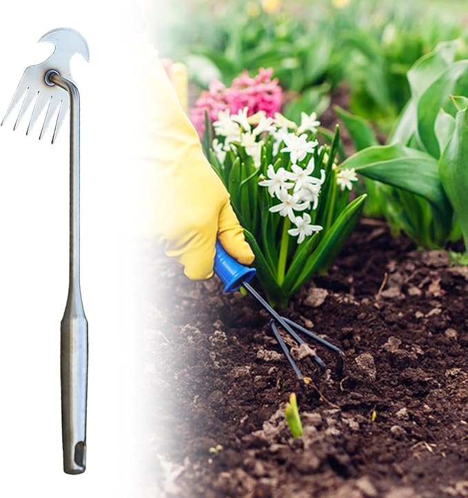Weeds Puller Weeding Rake, with Handle, Uprooting Garden Weeding Tool Stainless Steel for Lawn Farm Outdoor Backyard, 5 Teeth, 37.5cmx9.5cmx5.3cm