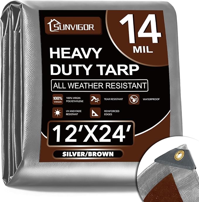 Sunvigor Tarp Waterproof 12x24Ft, Extra Thick 14 Mil Heavy Duty Tarp Cover, Tear & Fade Resistant, Outdoor Tarps with Brass Grommets and Reinforced Edges for Roof, Camping, Patio, Boat (Silver/Brown)