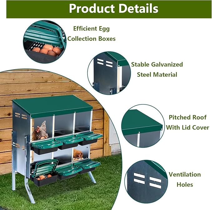 Chicken Nesting Box, 2-Tier Chicken Laying Boxes for Hens, 10 Hole Nesting Boxes for Chickens, Roll Away Nest Box for Laying Eggs, Roll Out, Easy Egg Collection (Green, 6-Holes with Legs)