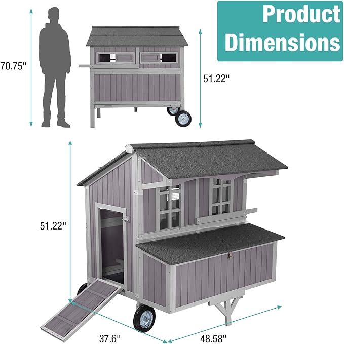 Outdoor Chicken Coops with Large Wheels,Wooden Hen House with 3 Nesting Boxes Leak Proof Pull-on Tray and UV-Resistant Roof Panel